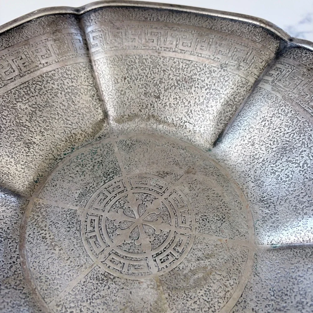 Vintage Homan Plate Hellenik Nickel Silver Bowl‎ Greek Key Hammered Textured 10